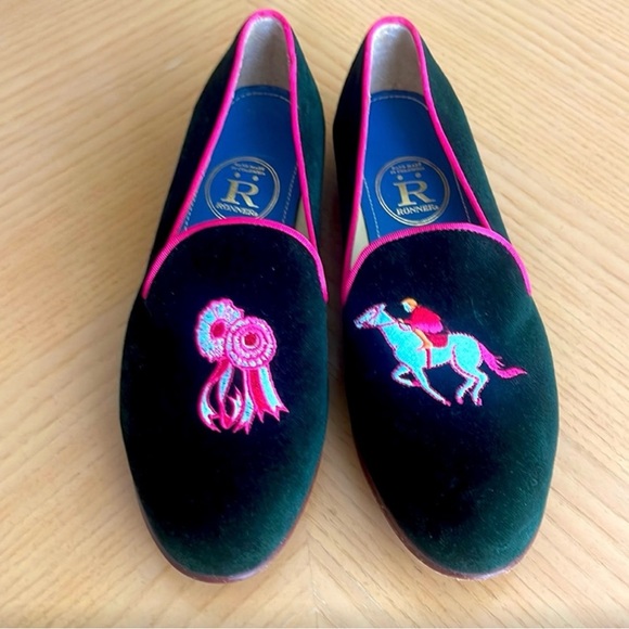 New Rönner Green Horse Velvet Embroidered Smoking Flat Loafers 38 - Picture 1 of 8